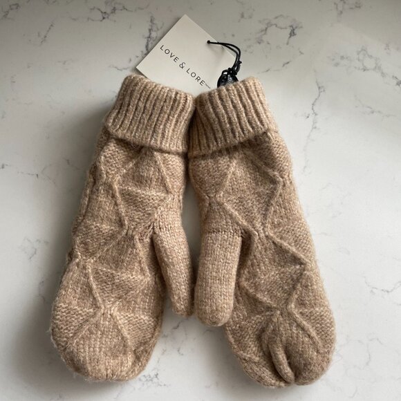 Indigo Love & Lore Outdoor Sherpa Lined Knit Recycled Polyester Mittens Tan OS - Picture 4 of 8